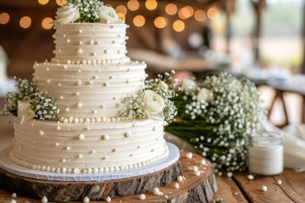 A beautifully decorated three-tier wedding cake with white frosting and delicate white roses, set in a rustic yet elegant wedding venue with soft, romantic lighting